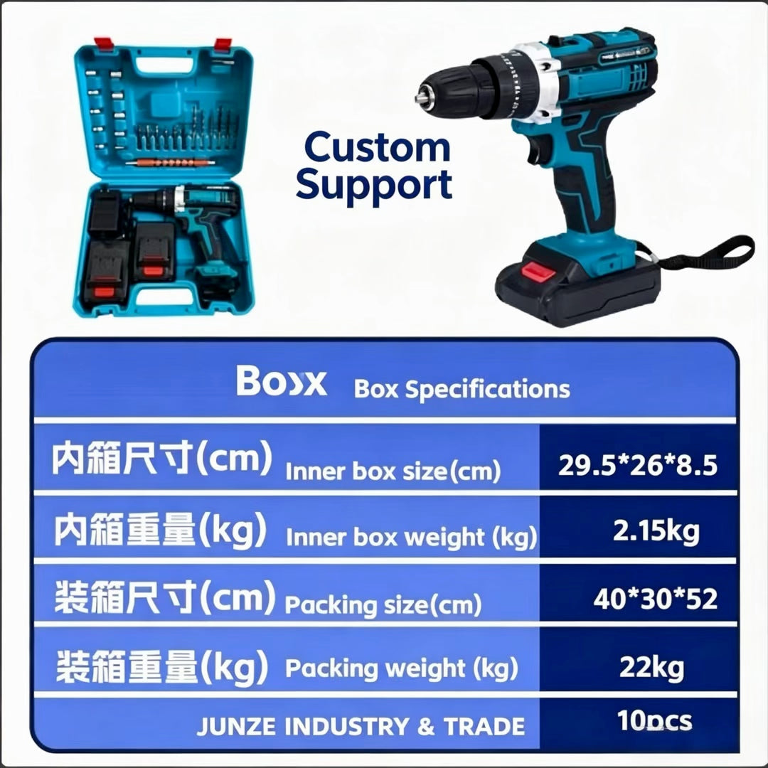 Cordless impact drill package and box specifications