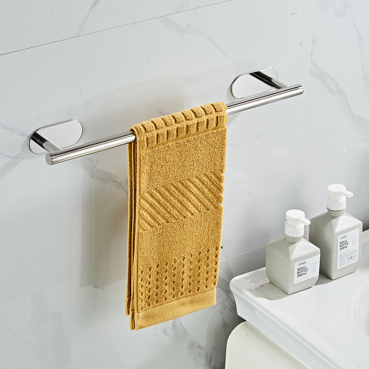 304 Stainless Steel No-Drill Towel Bar with Adhesive – Bathroom Wall