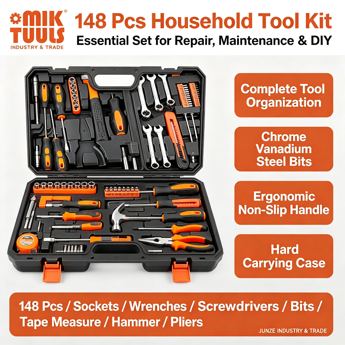 148 pcs household hand tool set with plastic hard‑case box.