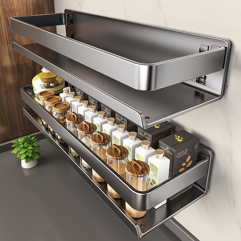 No-Drill Double-Layer Stainless Steel Kitchen Wall Shelf – Spice Rack