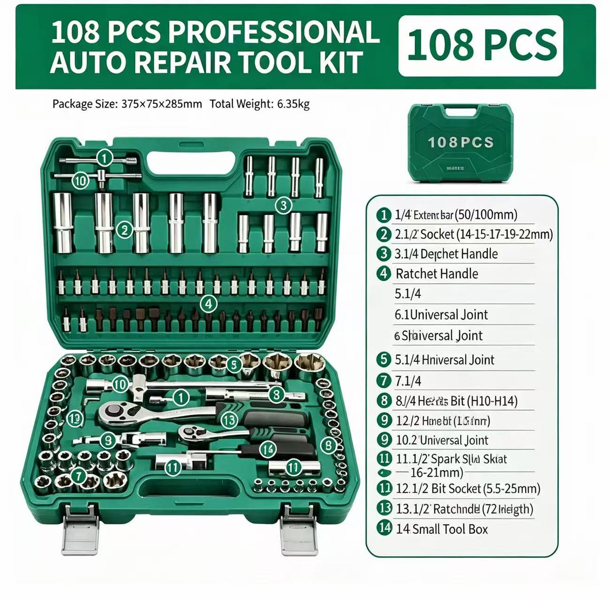 108 PCS PROFESSIONAL AUTO REPAIRTOOL KIT